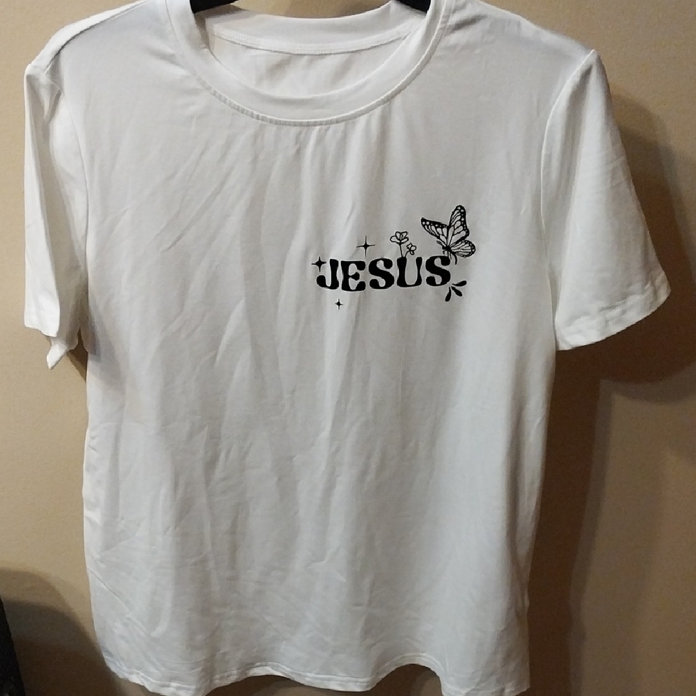 White T-Shirt with Jesus and Butterfly Design